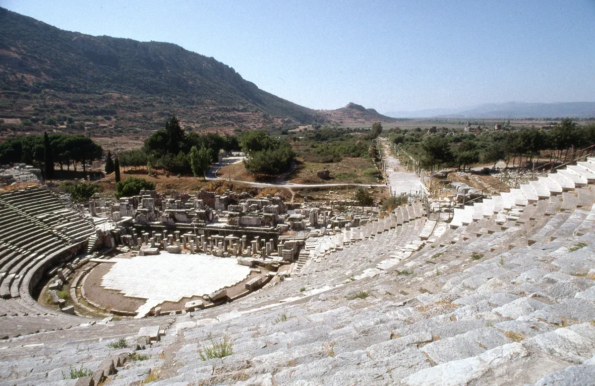 The Great Theatre of Ephesus seen from its upper seats, on a Ephesus and Pamukkale tour from Istanbul