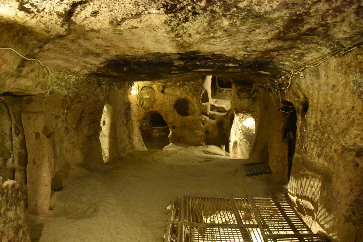 A lit chamber in the Kaymakli Underground City, Cappadocia, on a Cappadocia 2 day tour with flights
